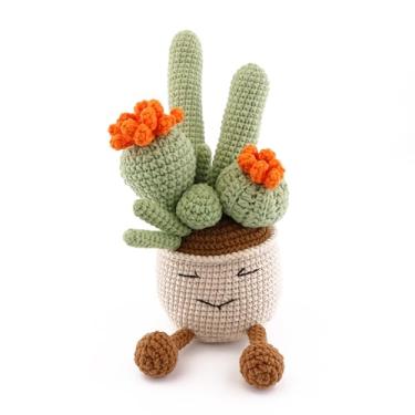 Imagem de caiyjhao Adoráveis suculentas de crochê feitas à mão, vasos de plantas com flores eternas para família, namorada, namorado e colegas, presentes decorativos de tricô para mesa de casa (laranja)