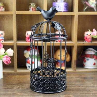 Imagem de Lanterna de metal vintage para gaiola de pássaro – Peça central decorativa de ferro rústico para casamento, casa e mesa, decoração de gaiola de pássaro antiga com detalhes de borboleta (preto)