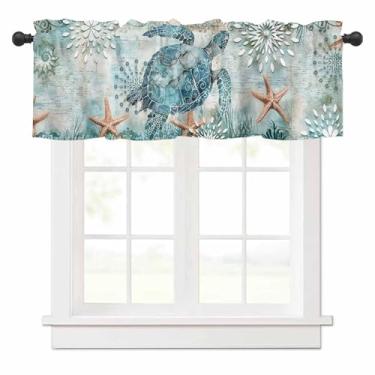 Imagem de Cortinas para janelas tartarugas marinhas sanefas azul-petróleo estrela do mar vida marinha cortinas curtas bolso haste tratamento de janela para cozinha sala de estar quarto banheiro café decoração 1