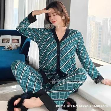Imagem de Conjunto De Pijamas De Seda Gelada De Manga Comprida Feminino Solto La