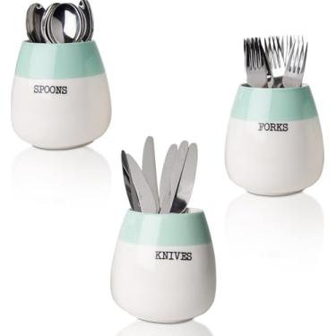 Imagem de Porta-talheres de cerâmica "Honeypot" - Conjunto de 3 - Suporte de talheres de fazenda para bancada de cozinha - Colher decorativa, garfo e faca para festas e mais - Suporte rústico feito de cerâmica premium