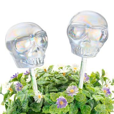 Imagem de Soilagua Globos de irrigação de plantas de crânio de 293 ml, dispositivos de irrigação de lâmpadas de água de vidro transparente iridescente, inserção de plantador autoirrigável, irrigador automático