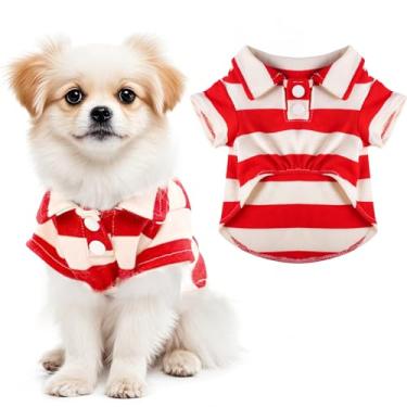 Imagem de Camisa polo para cães, gola listrada, roupas de verão, abotoadas, roupas para animais de estimação para cães pequenos, médios, gatos, para meninos e meninas, animais de estimação (vermelho, grande)