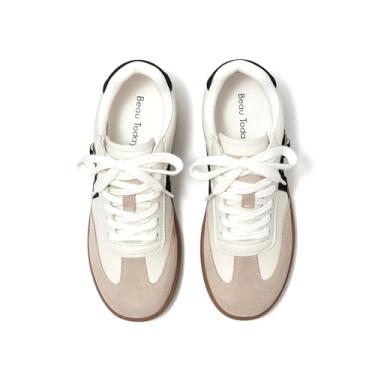 Imagem de BEAU TODAY Tênis feminino retrô de cano baixo, tênis casual de couro com cadarço plano para mulheres, confortável, antiderrapante, moderno, tênis de camurça, Preto, 39