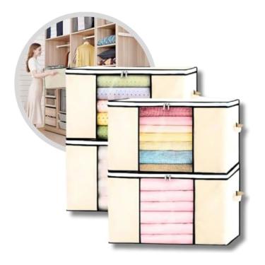 Imagem de Kit 4 Sacos Organizador Multiuso Anti Mofo Para Edredom Cobertores Roupas De Cama E Banho Travesseiros Dobrável G Bege 60x45x30