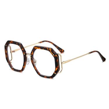 Imagem de HCPIHF Armação de óculos retrô polígono feminina, lente transparente, dobradiça de mola, armação masculina (tamanho único/6)