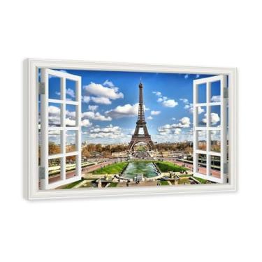 Imagem de Janela de arte de parede com impressão em tela. Vista de janela falsa. Impressão de imagem natural em tela. Arte de cenário para decoração de sala de estar (Vista da Torre Eiffel de Paris 12). Moldura