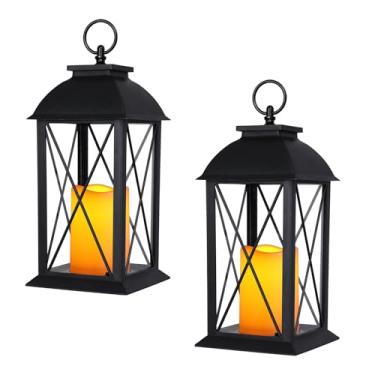Imagem de Pacote com 2 lanternas decorativas pretas de 33 cm com vela de LED, operada por bateria, leve e durável, perfeita para uso interno e externo, decoração de casa, festas e decorações de férias
