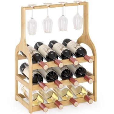 Imagem de Bancada de rack de vinho para 12 garrafas de vinho e 4 suportes de vidro, prateleiras pequenas sem bambu, expositor de mesa, organizador de armazenamento de vinho de madeira para armário, despensa