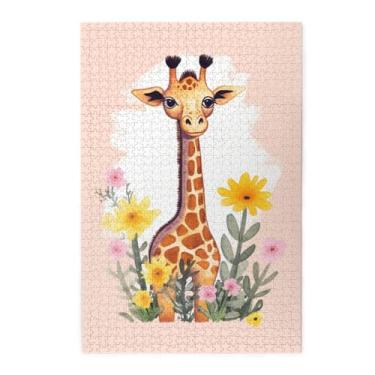 Imagem de Quebra-cabeças de desenhos animados de girafa e flores, 1000 peças, quebra-cabeça de foto de madeira para adultos, presentes de imagem de família, presentes para casamento, aniversário, dia dos