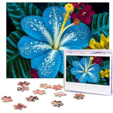 Imagem de Quebra-cabeças 500 peças de flores havaianas azuis quebra-cabeça de madeira para adultos personalizado quebra-cabeça clássico para família, casamento, aniversário, dia dos namorados, presentes 51,8 cm