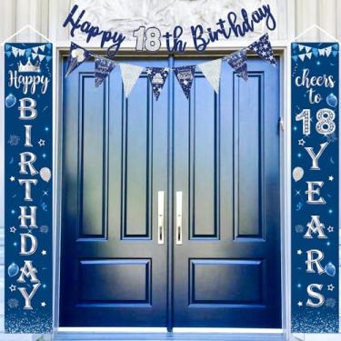 Imagem de Kit de decorações de feliz aniversário de 18 anos azul prata, faixa de porta feliz 18 anos faixa de porta sinal de varanda faixa de fundo, faixa de feliz aniversário de 18 anos bandeiras triangulares