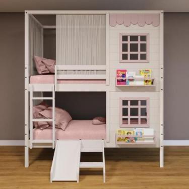 Imagem de Beliche Casinha Reta 2 Janelas Escorregador Cortina Rosa - Housin