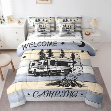 Imagem de Erosebridal Conjunto de edredom queen rústico com 7 peças, acampamento feliz para crianças, meninos, meninas, carro de viagem, para crianças, adolescentes, campo, rural, estrela e lua