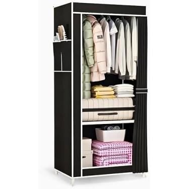 Imagem de Guarda-Roupa de Tecido Portátil com Zíper – Closet Dobrável Organizador com Cabideiro e Prateleiras – Estrutura Reforçada em Aço, Ideal para Quarto, Lavanderia e Viagem Preto TDEVC