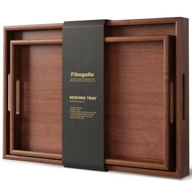 Imagem de Fibogollo Conjunto de 2 bandejas de bambu com alças, bandeja decorativa, bandeja de café da manhã na cama, bandeja de alimentos e bebidas para comer, trabalhar e armazenar (marrom)