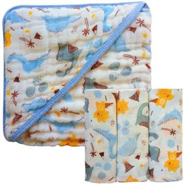 Imagem de Kit Toalha de Banho Bebê Soft com Capuz 100% Algodão + Fralda Estampada Dupla Camada Enxoval (Dino Baby)