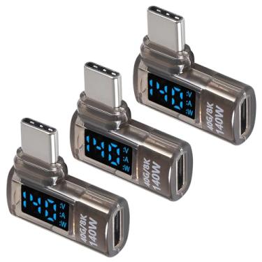 Imagem de Pacote com 3 adaptadores USB C de 90 graus com tela digital, conector USB-C macho para fêmea de ângulo reto de 140 W, corrente e tela LED inteligente de energia para iPhone 16/15, MacBook, suporta