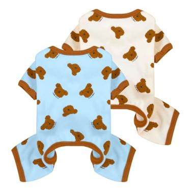 Imagem de Pacote com 2 pijamas para cães, tamanho pequeno, macacões macios e elásticos para cachorros, gatos, menina, fantasia de animal de estimação, urso, estampado, roupa de buldogue francês, chihuahua (azul
