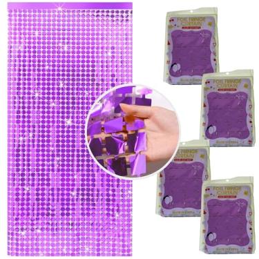 Imagem de Kit 4 Pçs Cortina Shimmer Metalizada Quadradinha 1x2m Painel Decorativo Para Festa Aniversários (Roxo)