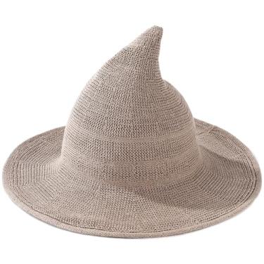 Imagem de Malaxlx Chapéu de bruxa de lã tricotado para mulheres – Chapéu de cosplay de fantasia de Halloween pontiagudo para festas de outono, Caqui, tamanho �nico