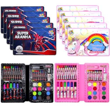 Imagem de Kit 10 Estojos Pintar Colorir Escolar +Canetinhas 42pçs Lembrança Festa Sacola Surpresa