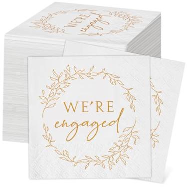 Imagem de Kosiz Pacote com 100 guardanapos We're Engaged Guardanapos de presente 3 camadas descartáveis de papel de noivado guardanapos de coquetel para festa de casamento, bebidas, jantares de bolo, decorações