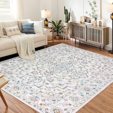 Imagem de Garvee Tapetes Boho 2,5 x 3,5 m, tapete moderno lavável à máquina para sala de estar, quarto, tapete floral ultrafino, tapete macio resistente a manchas com suporte antiderrapante (multicolorido)