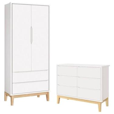 Imagem de Cômoda 6 Gavetas e Guarda Roupa 2 Portas New Classic Branco com Pés Ma