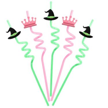 Imagem de Conjunto de 12 canudos reutilizáveis verdes e rosa com coroa chapéu mágico tema bruxa decorações de aniversário com tema de princesa suprimentos de festa para despedida de solteira noivado bebê chá de