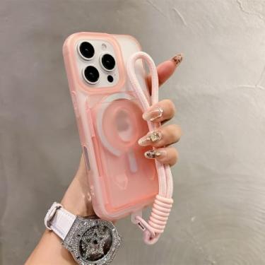 Imagem de Capa magnética transparente fosca com porta-cartões para iPhone 16, 15, 14, 13, 12, 11, 16 Pro Max Plus, alça de pulso, capa com cordão, rosa, para iPhone 12 Pro Max