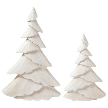 Imagem de RM ROOMERS Estatuetas de árvore de Natal, estátuas de Natal chiques gastas, conjunto de 2 árvores decorativas de madeira branca envelhecida para mesa, cornija, entrada, inverno, centro de mesa