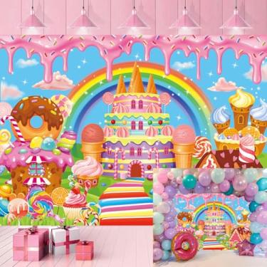Imagem de Candyland Pano de fundo de desenho animado com tema de doces de Natal festa de aniversário doce donut pirulito sorvete castelo arco-íris fotografia fundo meninas princesa chá de bebê decoração banner