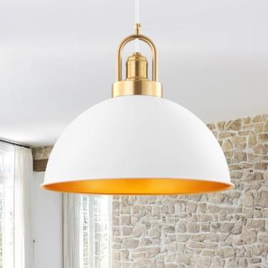 Imagem de POLITAMP Luminária pendente grande moderna de 35 cm, cúpula branca com detalhes em latão, lustre minimalista para ilha de cozinha, sala de jantar