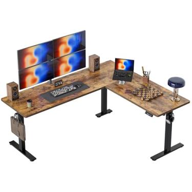 Imagem de TIQLAB Mesa de pé em forma de L de 190 x 155 cm, altura ajustável, mesa de canto elétrica, mesa de computador com suporte para sentar com placa de emenda, marrom rústico