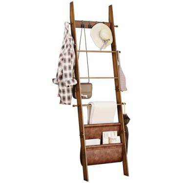 Imagem de ELYKEN Cobertor de madeira para escada, 5 andares, de madeira, com 4 ganchos removíveis e bolsa de armazenamento, manta decorativa inclinada para sala de estar, quarto, banheiro, nogueira