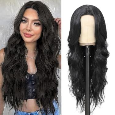 Imagem de LUVEUNI Perucas pretas para mulheres, parte do meio, peruca ondulada longa, 66 cm, linha do cabelo, aparência natural, fibra sintética resistente ao calor para uso diário em festas (preto)