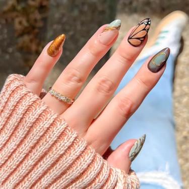 Imagem de RUOKEXIN Unhas postiças médias de amêndoa, unhas postiças ombres com desenhos de borboleta 3D, prensas de unhas de amêndoa média, cola brilhante nas unhas, unhas artificiais, bastões fofos para