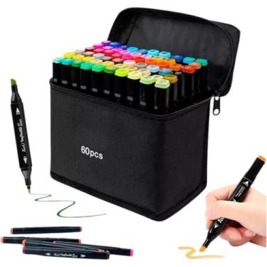 Imagem de Kit premium 60 canetinhas de ponta dupla para Colorir Estojo de Canetas Escolar Marcador Permanente Cores Variadas Hidrográfica Duas Pontas Multiuso Para Desenho