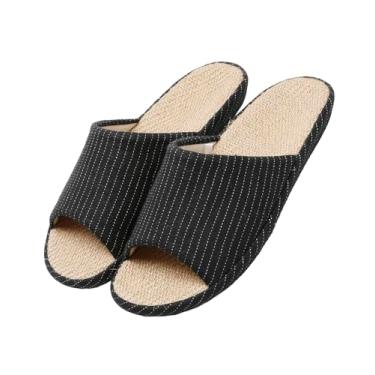 Imagem de MAGILONA Pantufas femininas de verão, bico aberto, tatami, palha, masculino, para uso interno, de linho, leves, silenciosas, Preto, 5-6.5