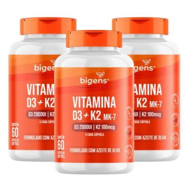 Imagem de 3x Vitamina D3 2000ui + K2 Mk7 Óleo de Oliva Bigens 60 Capsulas, Sem S