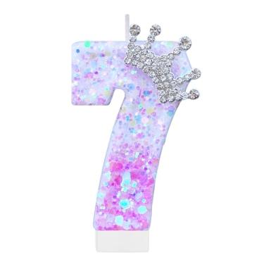 Imagem de Vela roxa número 7 de aniversário para bolo, coroa roxa, decoração de festa de aniversário de princesa, enfeite de cupcake, lembrancinhas de festa, suprimentos de decoração