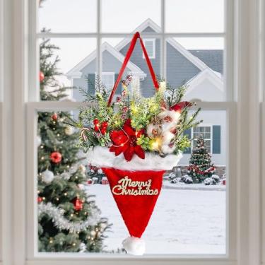 Imagem de Guirlandas de Natal para porta da frente, guirlanda decorativa de chapéu de Natal com agulhas artificiais de pinheiro, bagas, doces de Papai Noel e iluminação, ornamentos sazonais para decoração de