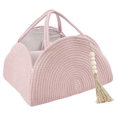Imagem de Cesta de fraldas de tecido Arc Design com alça para bebês | Cesta de fraldas com divisórias para meninos e meninas, bolsa de fraldas para armazenamento de carro | Suporte de lona para berçário (rosa)