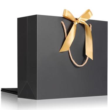 Imagem de EUSOAR Sacos de presente para damas de honra, 3 peças de 32 x 11 x 28 cm, sacos de presente de papel Kraft preto resistente com fitas, sacola de presente de compras a granel para lembrancinhas de