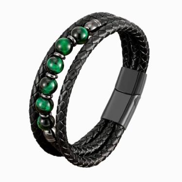 Imagem de FYNSBLE Pulseira de couro preto para homens, olho de tigre natural/lápis-lazúli/ônix preto/malaquita multicamadas pulseira de couro trançado com contas presente para homens pai com fecho de aço