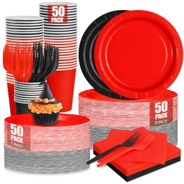 Imagem de CENLBJ Pratos e guardanapos vermelhos e pretos suprimentos de festa, inclui prato de papel descartável de 22 cm, conjunto de pratos de sobremesa e copos e guardanapos de 18 cm para Halloween, Natal