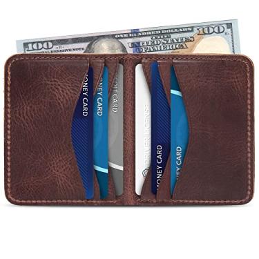 Imagem de Carteira Otto Angelino de couro genuíno ultrafina com dobra dupla para cartão e dinheiro – unissex, Marrom, One Size