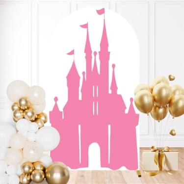Imagem de Capa de fundo de arco de casamento de 2,5 m rosa castelo de princesa conto de fadas festa de aniversário elastano capa de fundo redonda para decoração de festa de aniversário, cerimônia, banquete