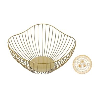 Imagem de IBWell Cesta de frutas com borda curvada antiga para cozinha, cesta de arame dourado, fruteira para decoração de casa, fio de metal, suporte de frutas para lanches de frutas e vegetais